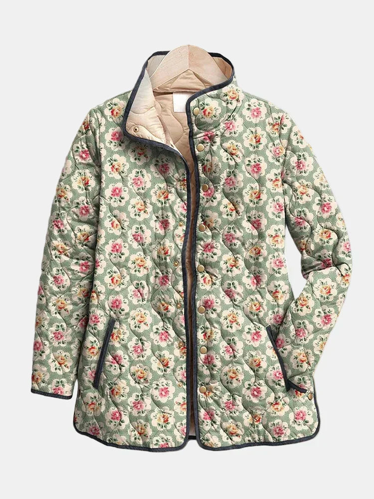 Floral Art Print Quilted Jacket for Women
