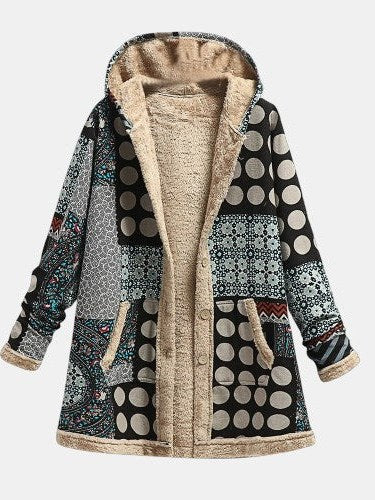 Retro Print Fleece Jacket for Women