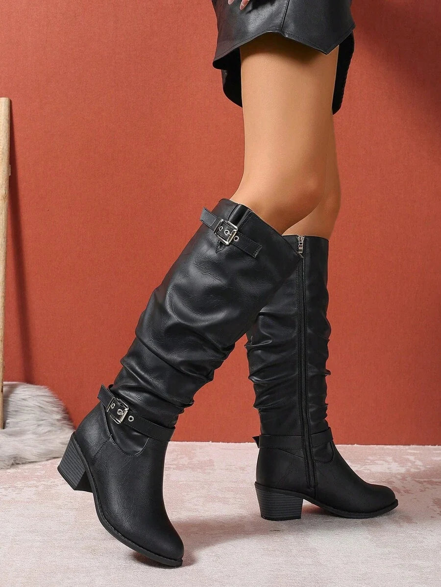 Double Buckle Knee High Boots for Women