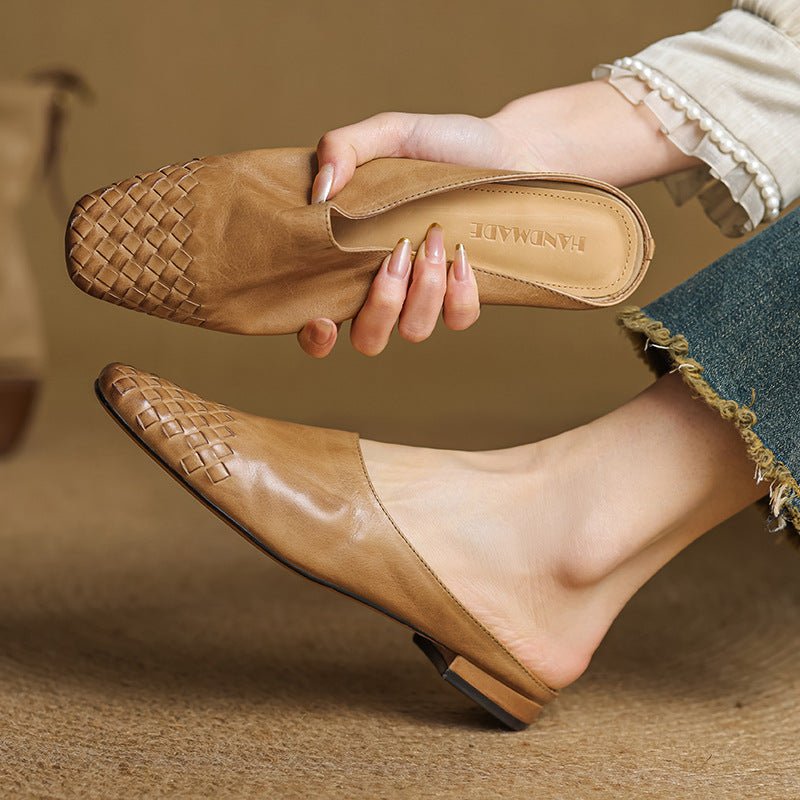 Square Toe Woven Leather Mules for Women