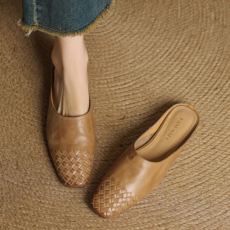 Square Toe Woven Leather Mules for Women