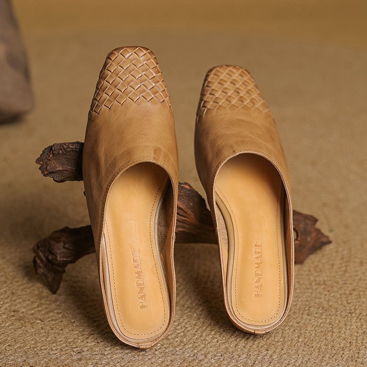 Square Toe Woven Leather Mules for Women