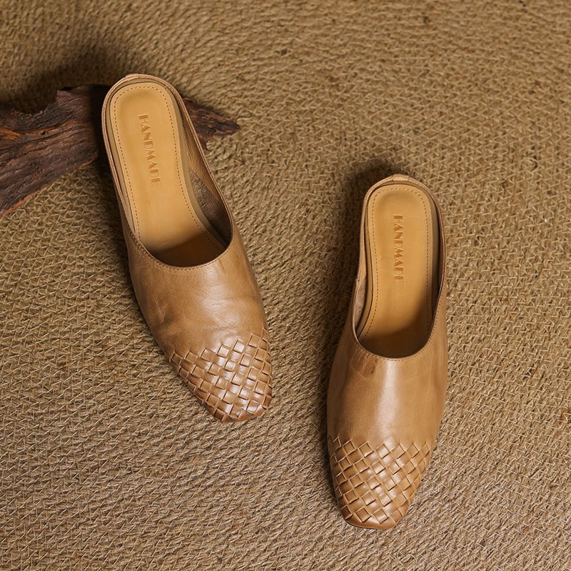 Square Toe Woven Leather Mules for Women
