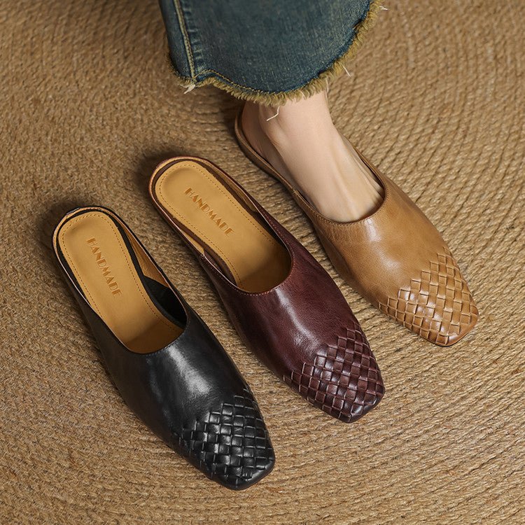 Square Toe Woven Leather Mules for Women