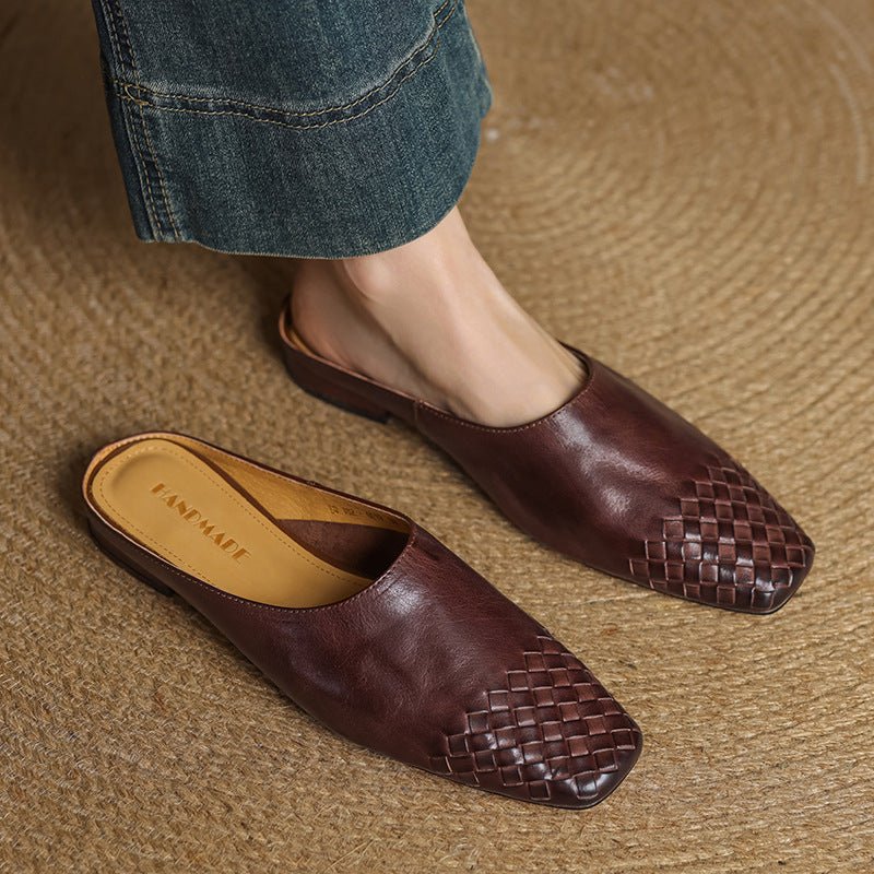 Square Toe Woven Leather Mules for Women