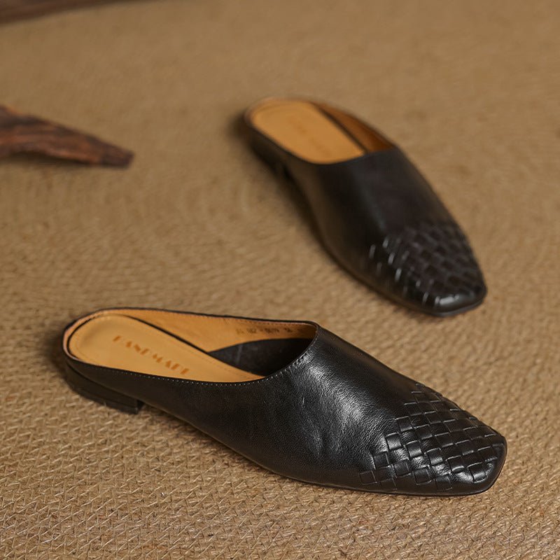 Square Toe Woven Leather Mules for Women