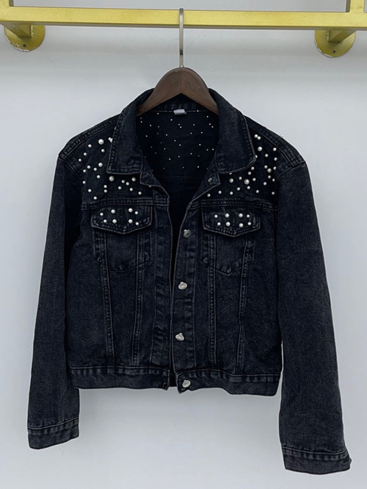 Pearl Embellished Denim Jacket for Women