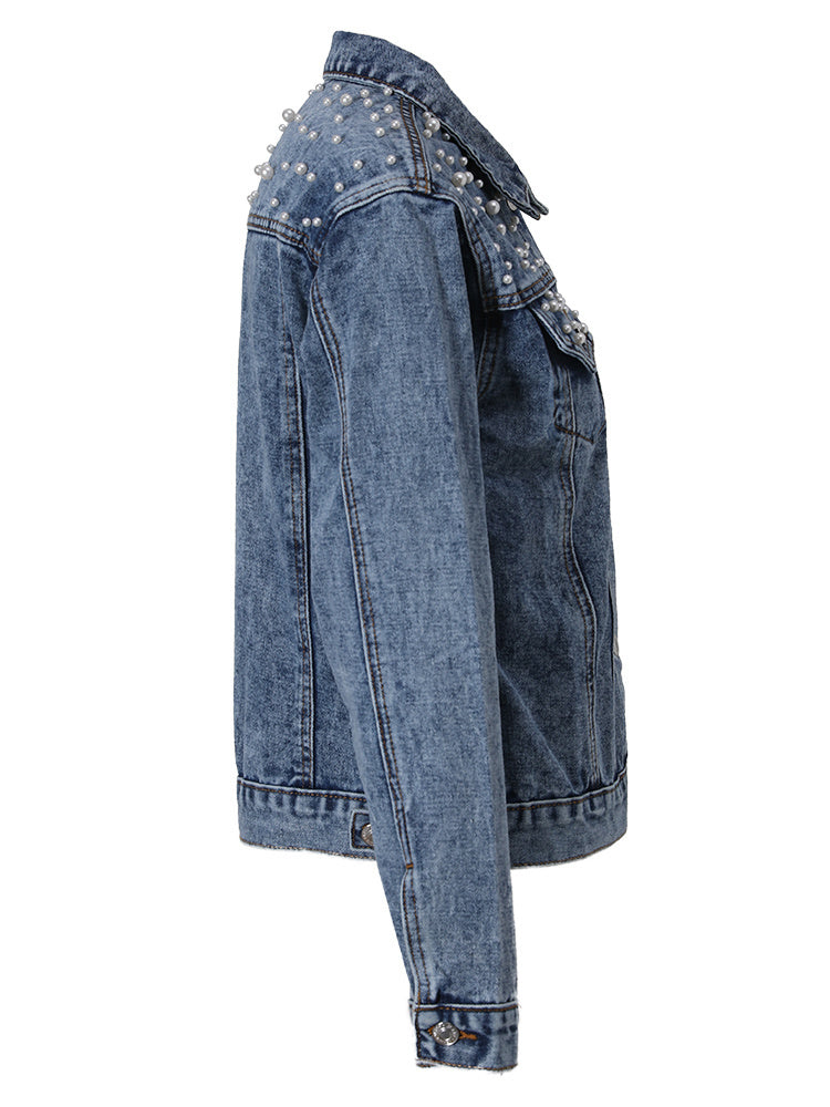 Pearl Embellished Denim Jacket for Women
