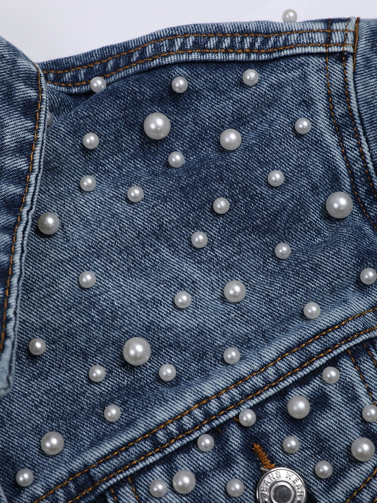 Pearl Embellished Denim Jacket for Women