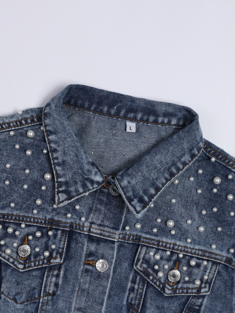 Pearl Embellished Denim Jacket for Women