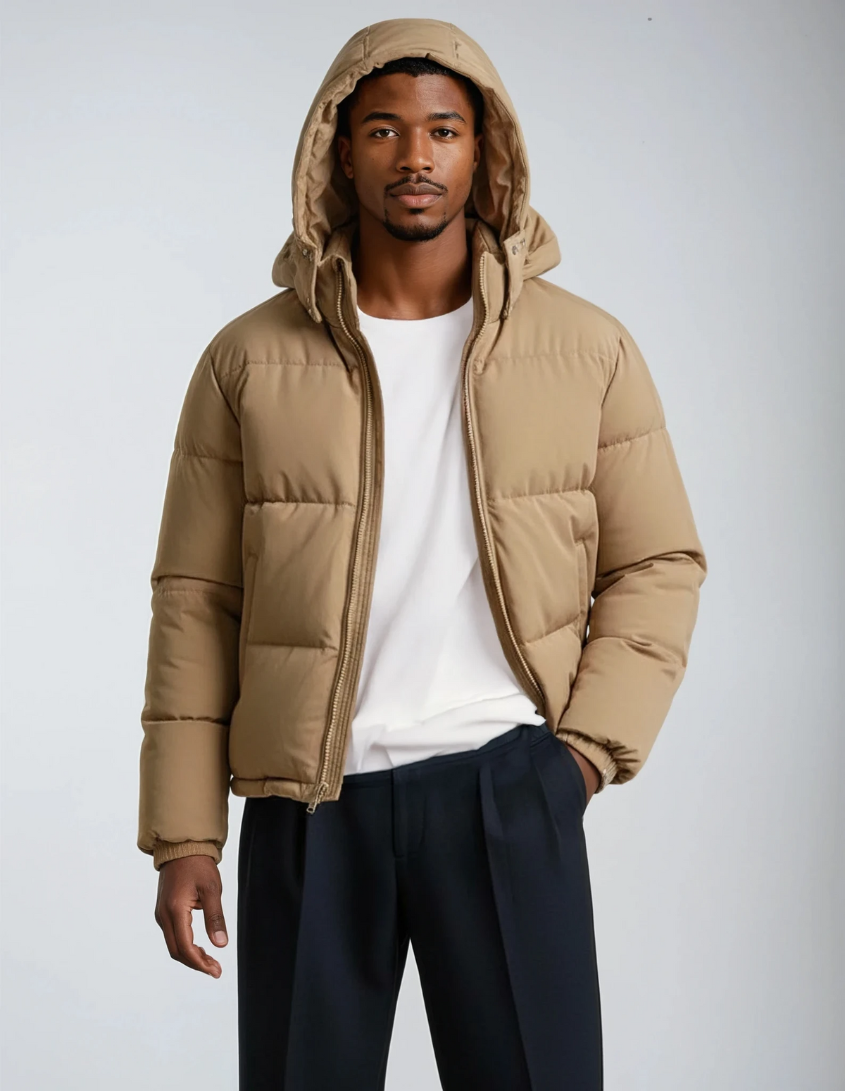 Hooded Quilted Jacket with Elastic Cuffs for Men