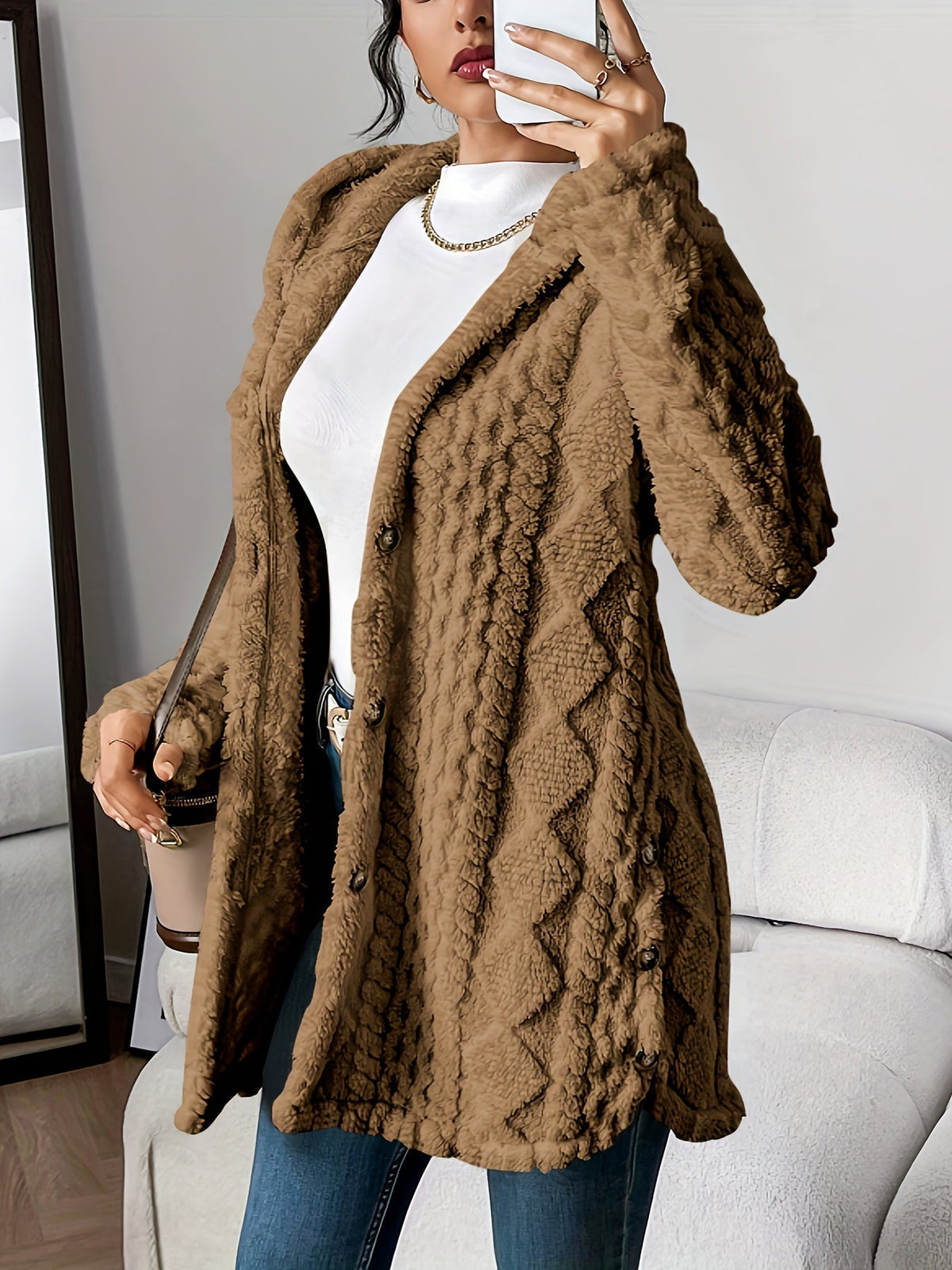 Plush Hooded Cardigan for Women