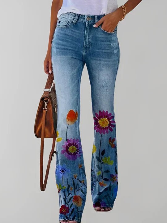 Floral Print Straight Leg Jeans for Women