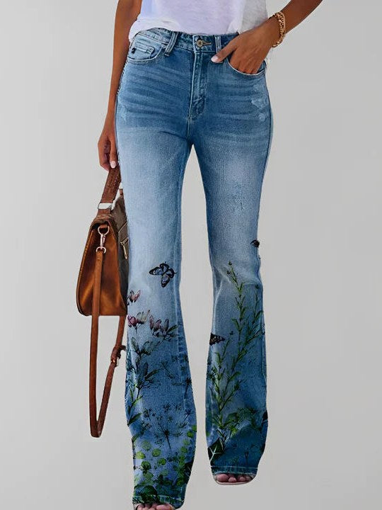 Floral Print Straight Leg Jeans for Women