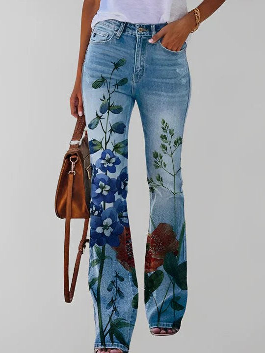Floral Print Straight Leg Jeans for Women