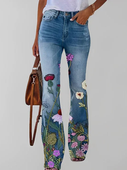 Floral Print Straight Leg Jeans for Women