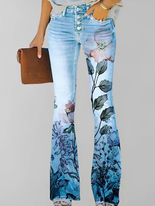 Floral Print Straight Leg Jeans for Women