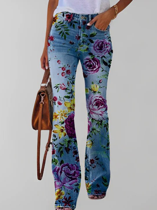 Floral Print Straight Leg Jeans for Women