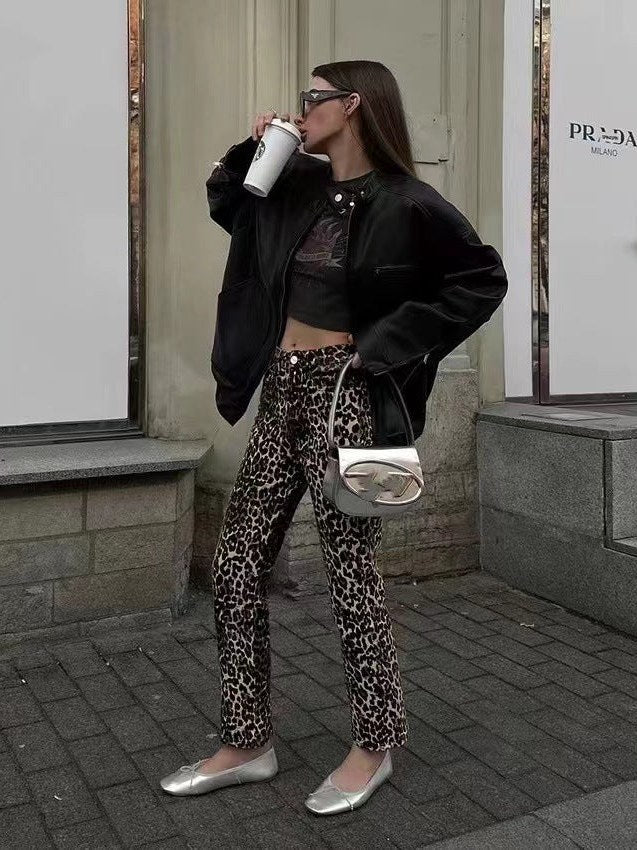 Leopard Print Straight Leg Jeans for Women