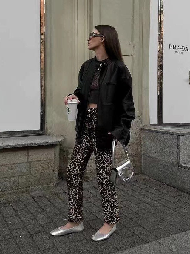 Leopard Print Straight Leg Jeans for Women