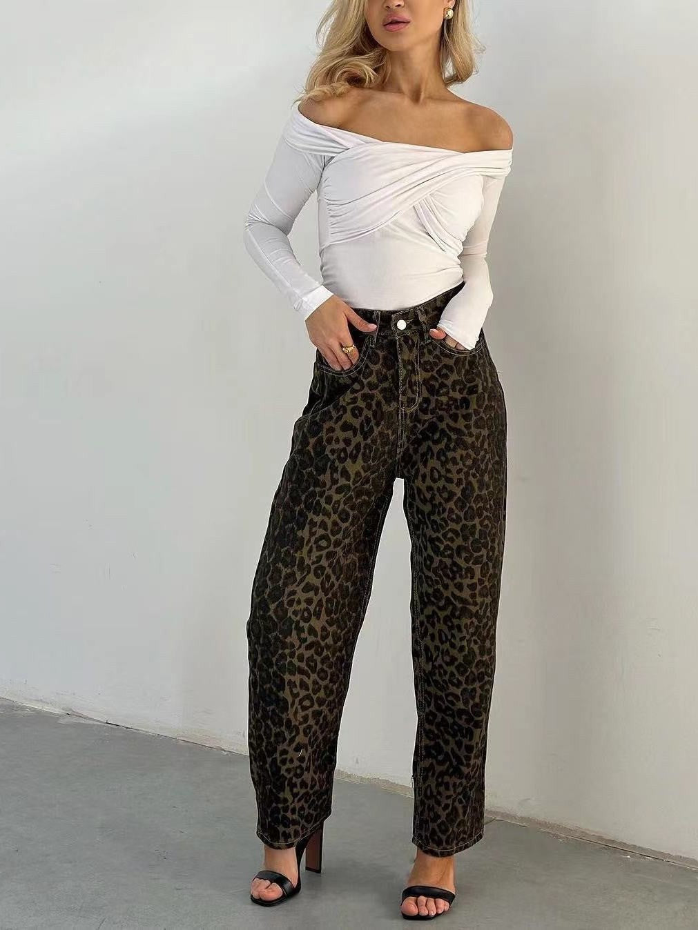 Leopard Print Straight Leg Jeans for Women