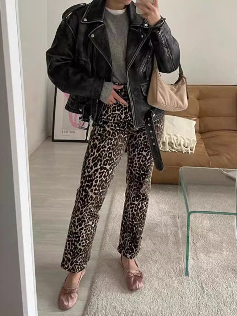 Leopard Print Straight Leg Jeans for Women