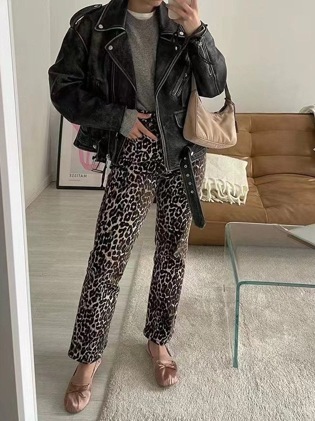 Leopard Print Straight Leg Jeans for Women