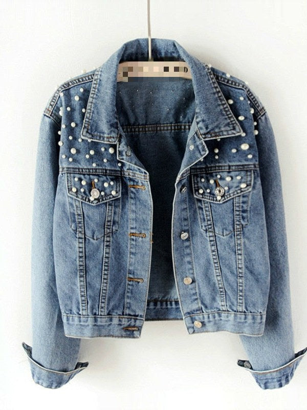 Pearl Embellished Denim Jacket for Women