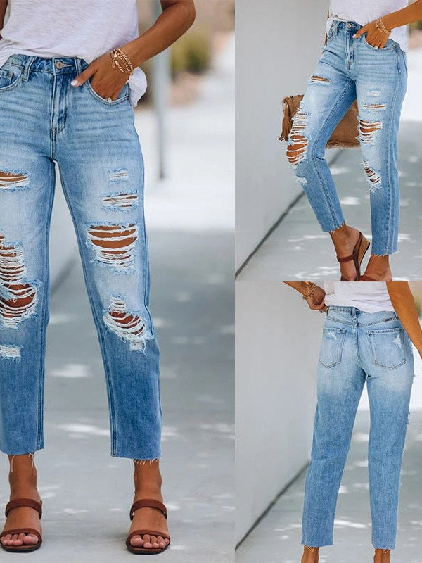 Ripped Straight Leg Jeans for Women