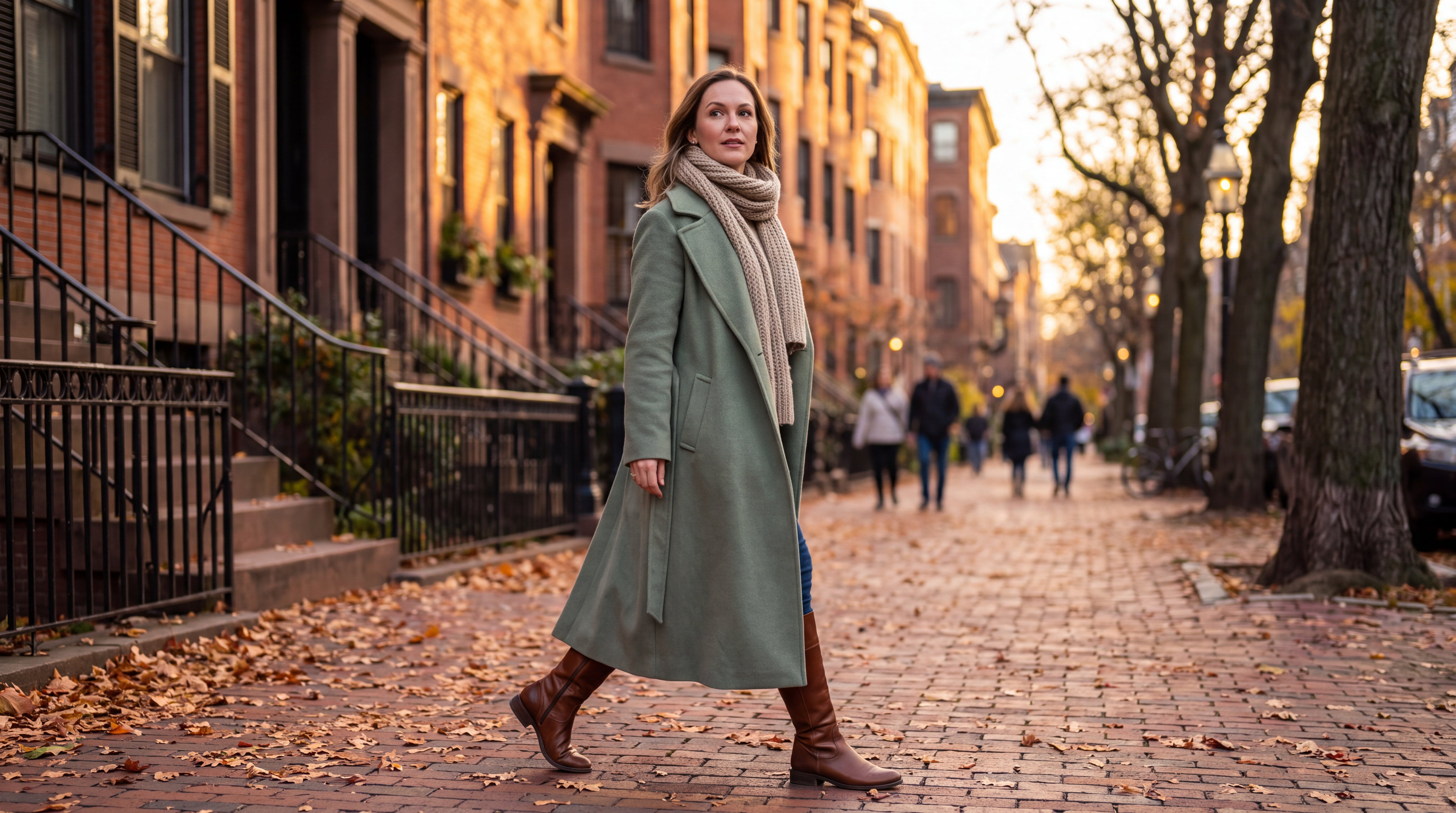 A woman in a camel wool coat walking on a New York City street on an autumn afternoon
